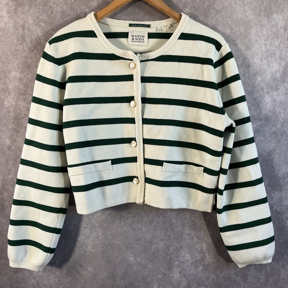 Scotch & Soda Striped Cardigan Womens Large White Green Cropped Pearl Button L